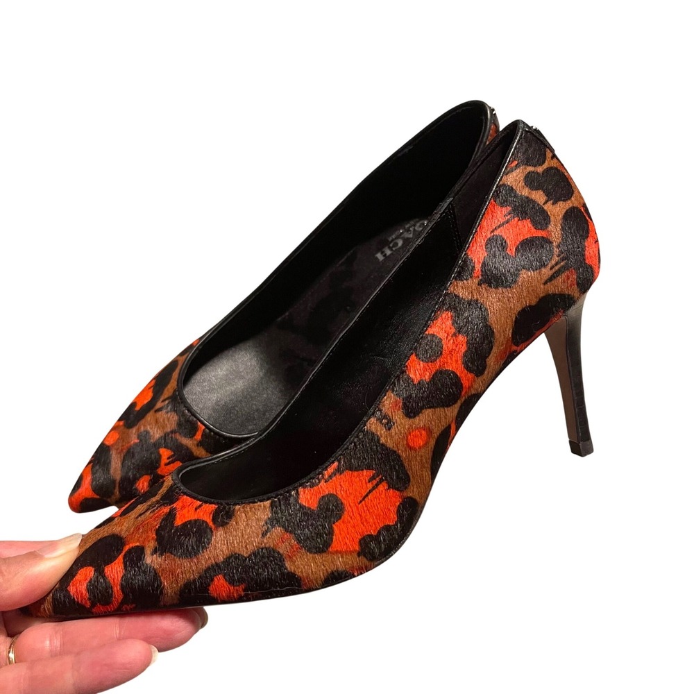 Coach Smith Leopard Print Calf Hair Pumps Womens 6.5 Orange Brown Stiletto Heel - Picture 1 of 8